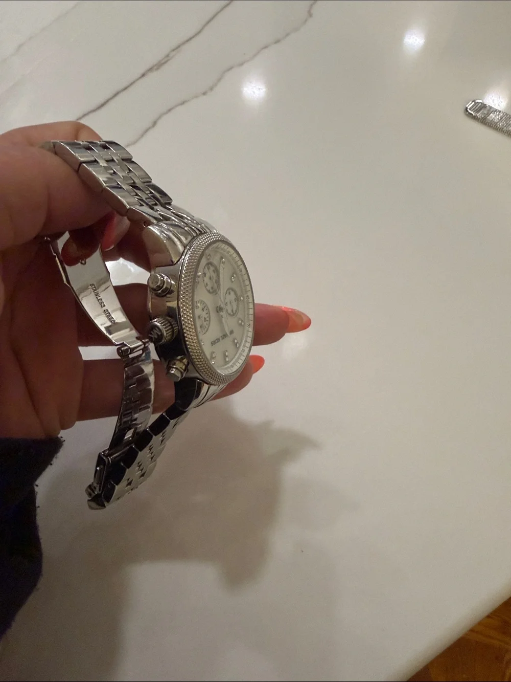 Michael Kors Silver Watch with Mother-of-Pearl Dial and Crystal Markers